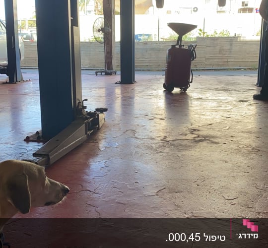 רכב מורם במוסך עם מכשיר תיקון על הרצפה